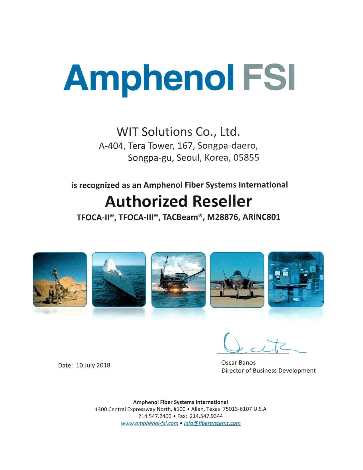 Amphenol Authorized Reseller Certificate - WIT Solutions Korea