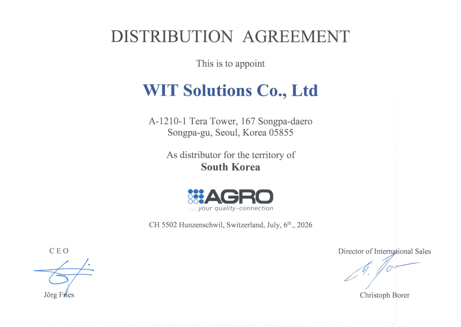 AGRO Authorized Distributor Certificate - WIT Solutions Korea
