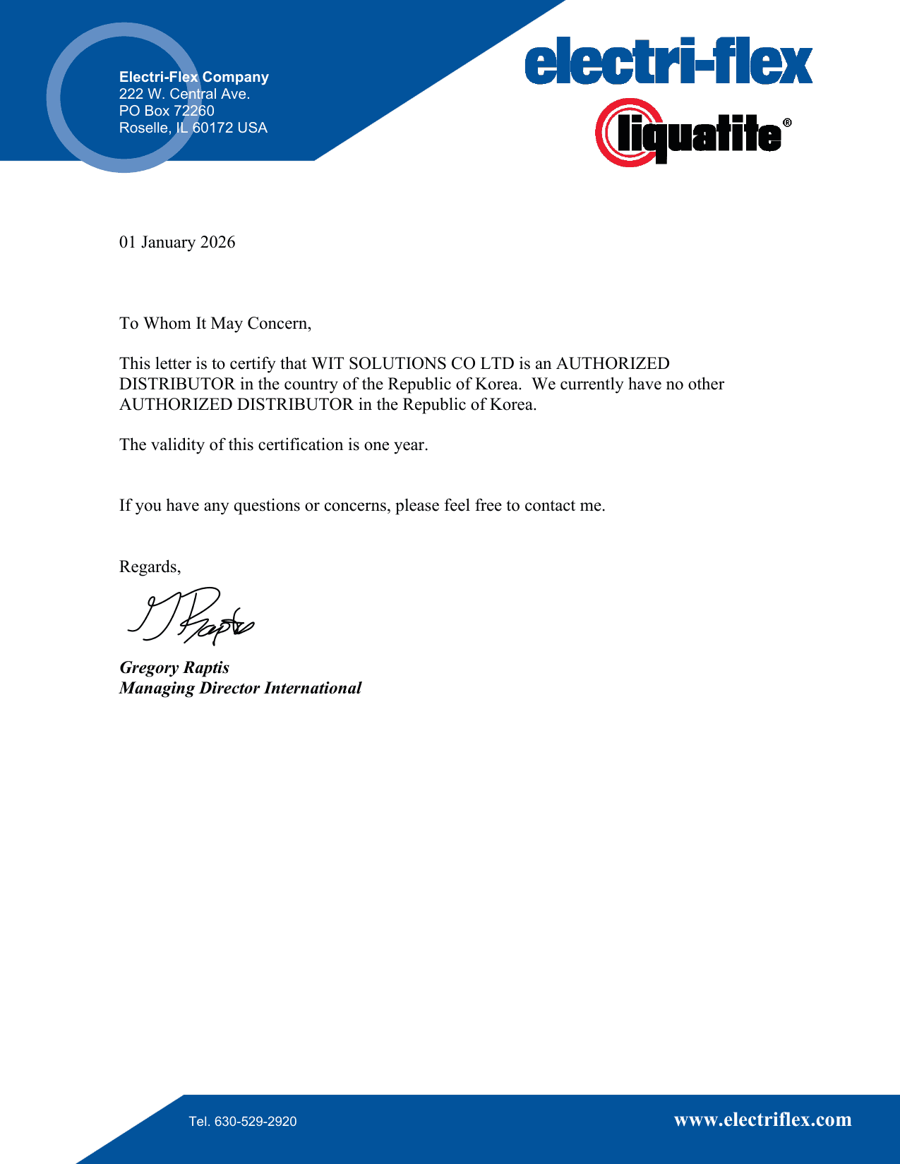 Electri-Flex Authorized Distributor Certificate - WIT Solutions Korea