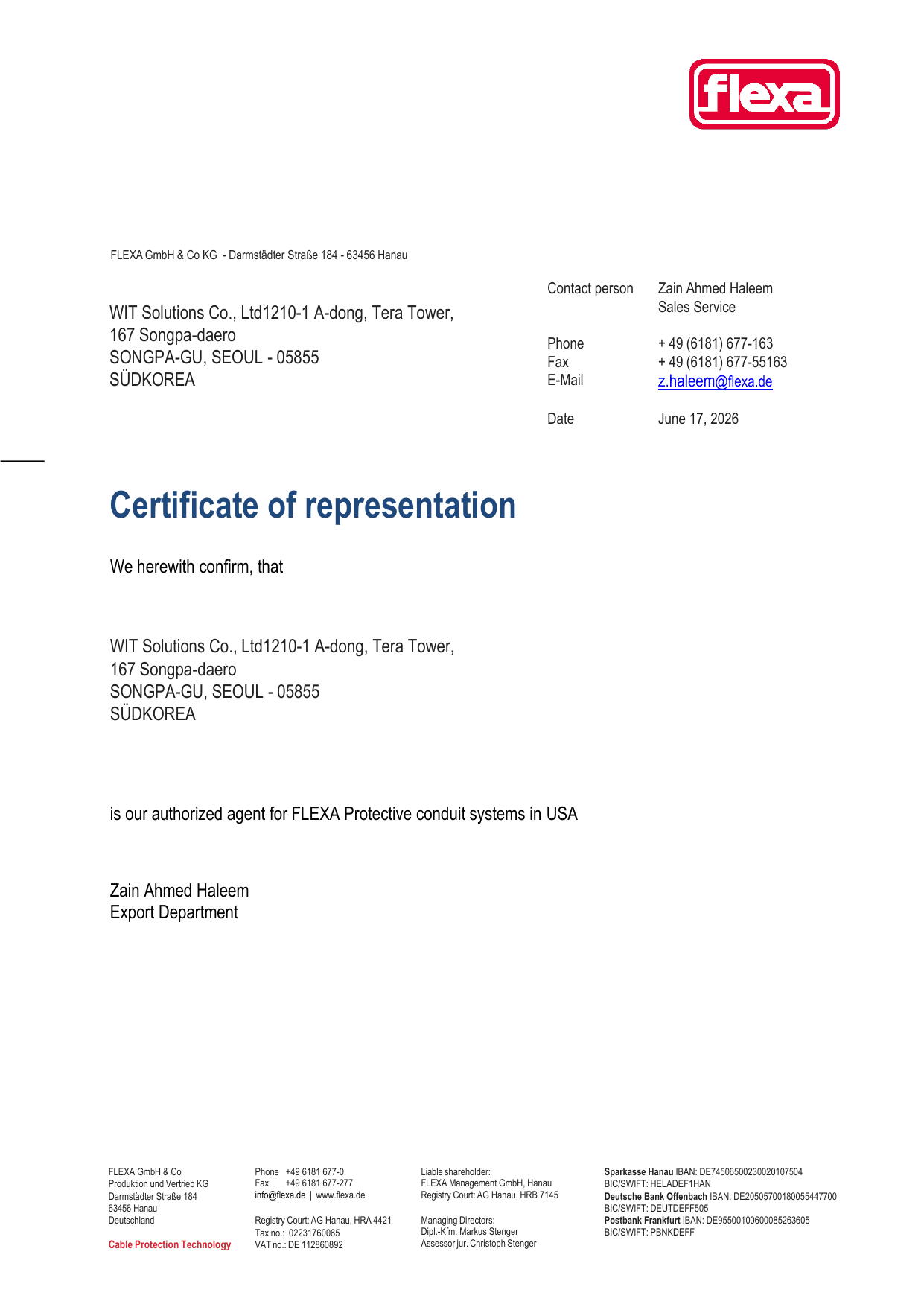 FLEXA Authorized Distributor Certificate - WIT Solutions Korea