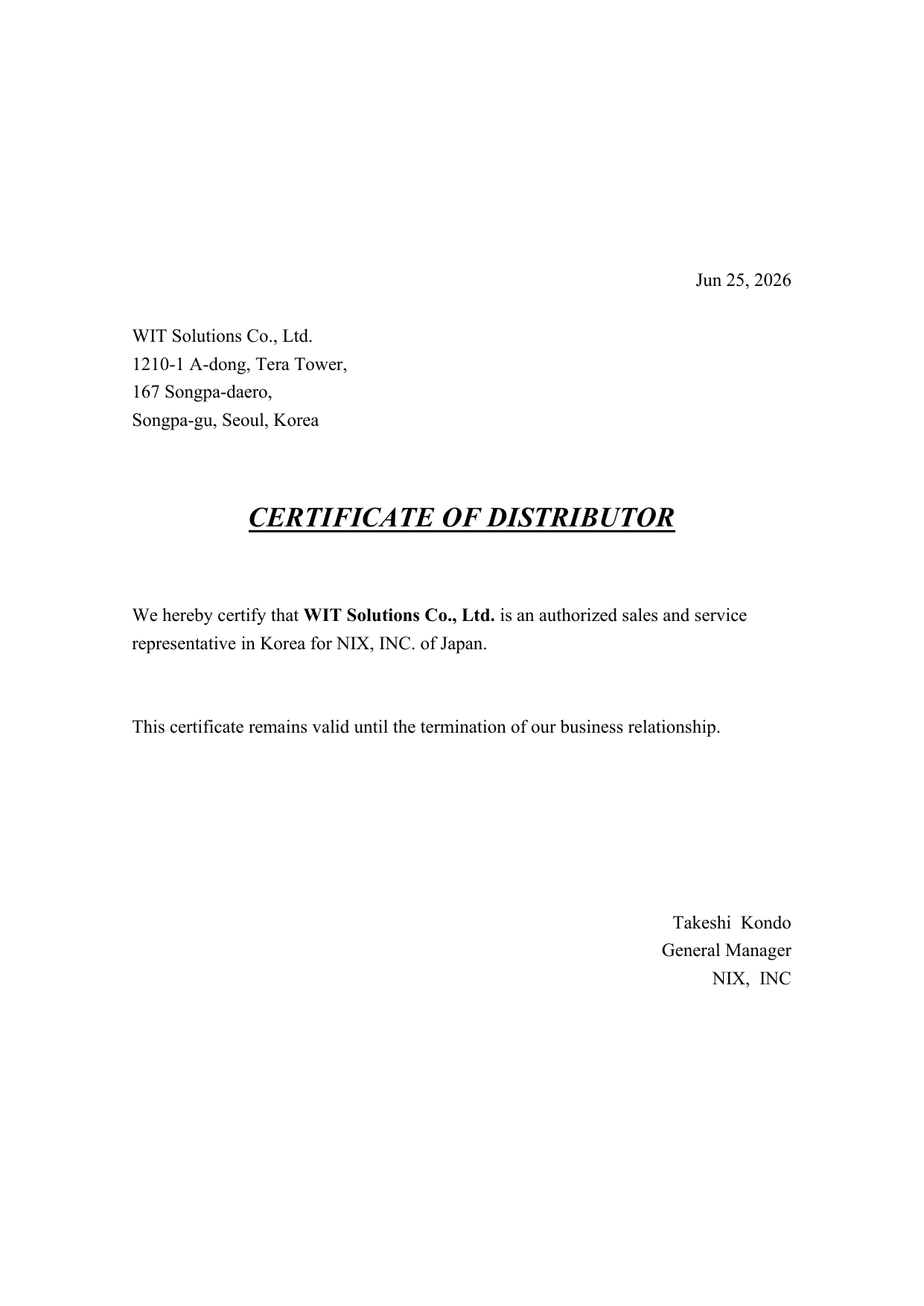 NIX Authorized Distributor Certificate - WIT Solutions Korea