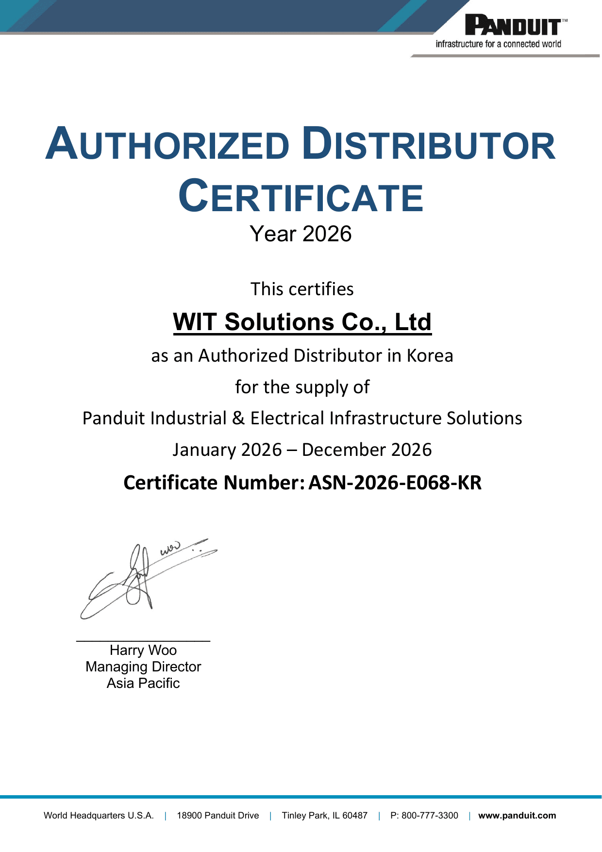 Panduit Authorized Distributor Certificate - WIT Solutions Korea