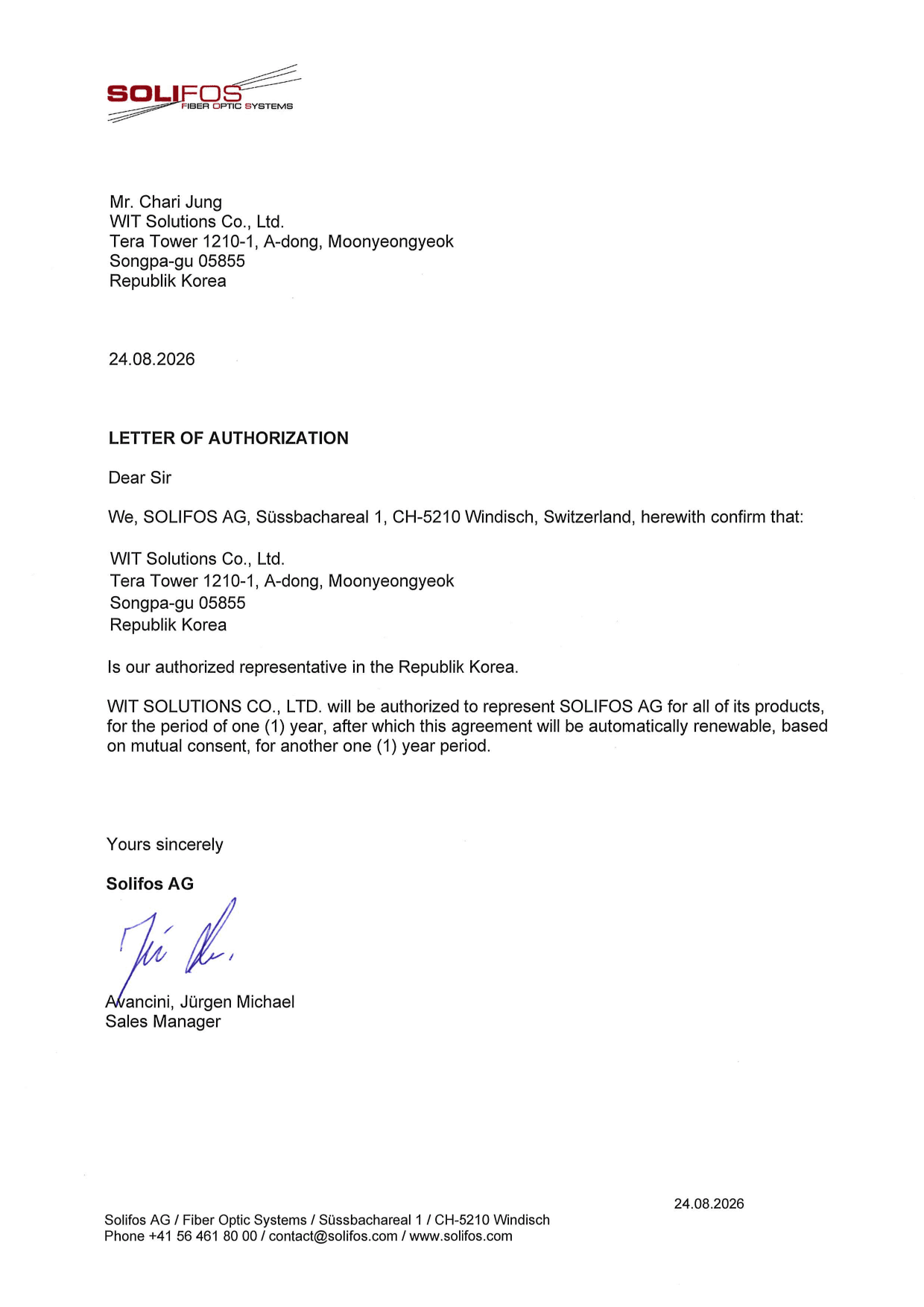 Solifos Letter of Authorization - WIT Solutions Korea