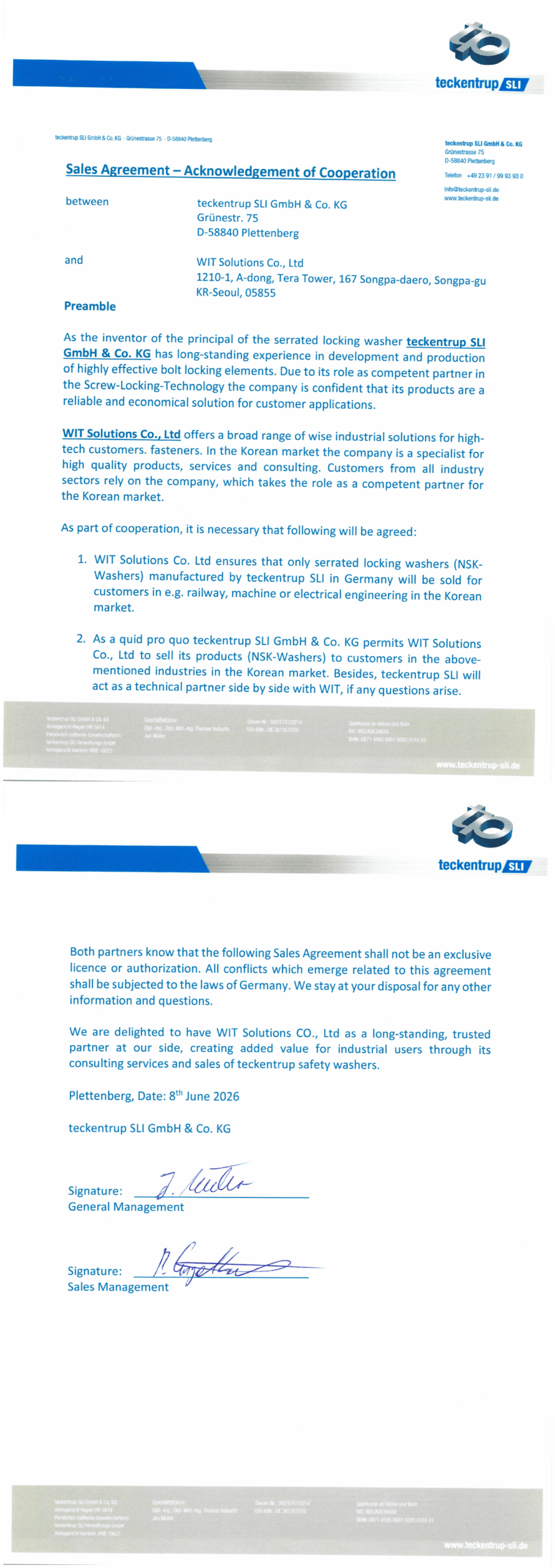 Teckentrup SLI Authorized Distributor Certificate - WIT Solutions Korea
