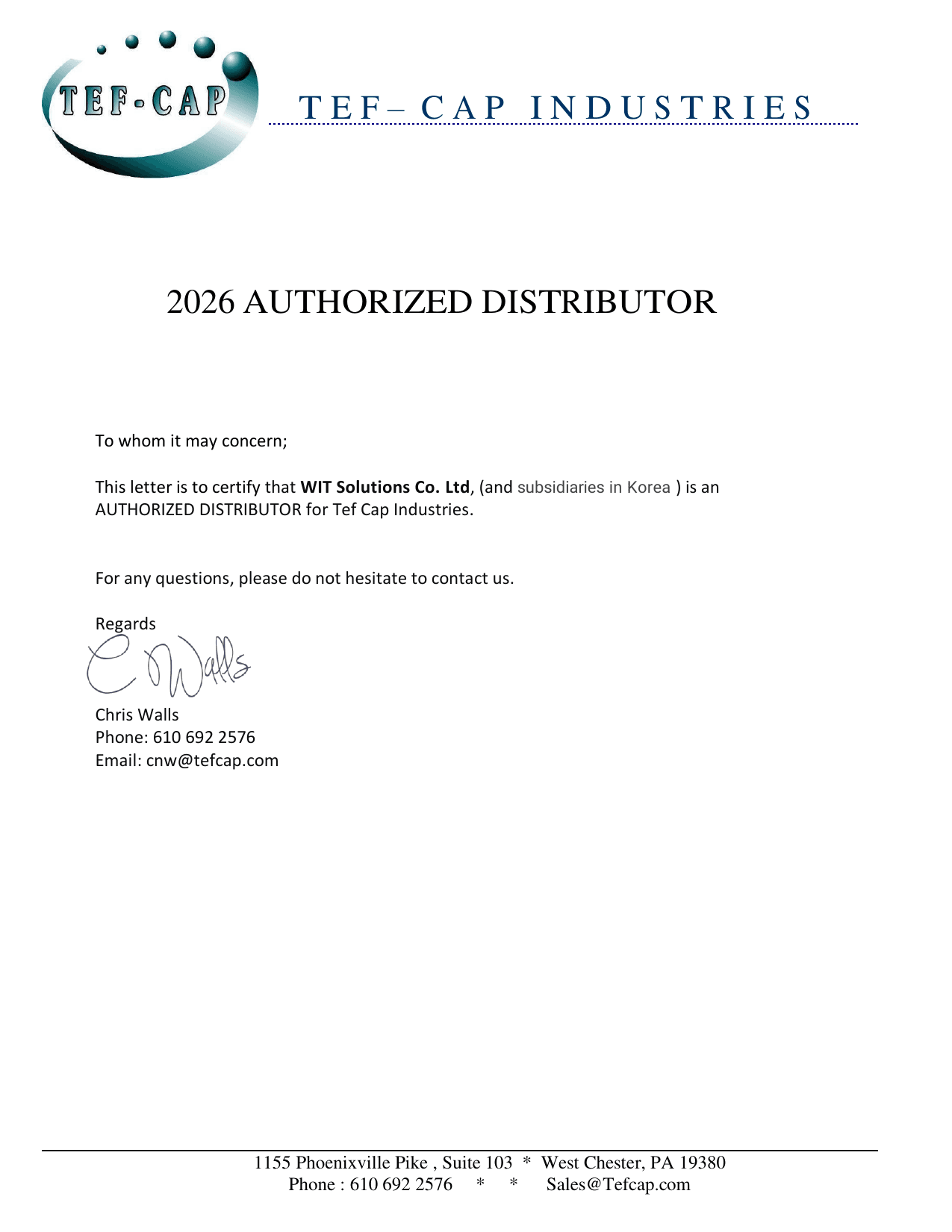 Tefcap Authorized Distributor Certificate - WIT Solutions Korea