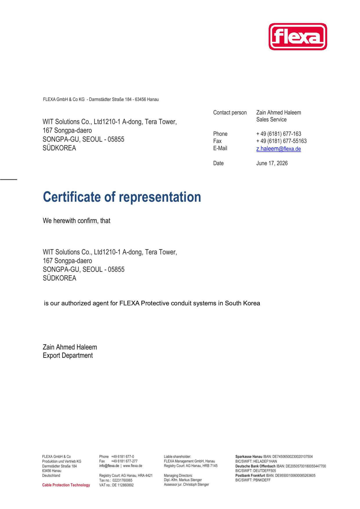 Flexa Authorized Agent for FLEXA Protective Conduit Systems in South Korea Certificate - WIT Solutions Korea